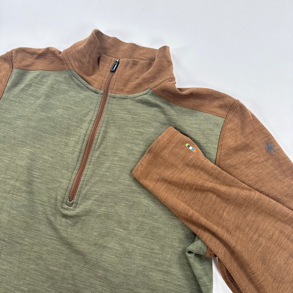 Smartwool Merino Wool Quarter Zip Pullover Mens Large Green Brown Colorblock